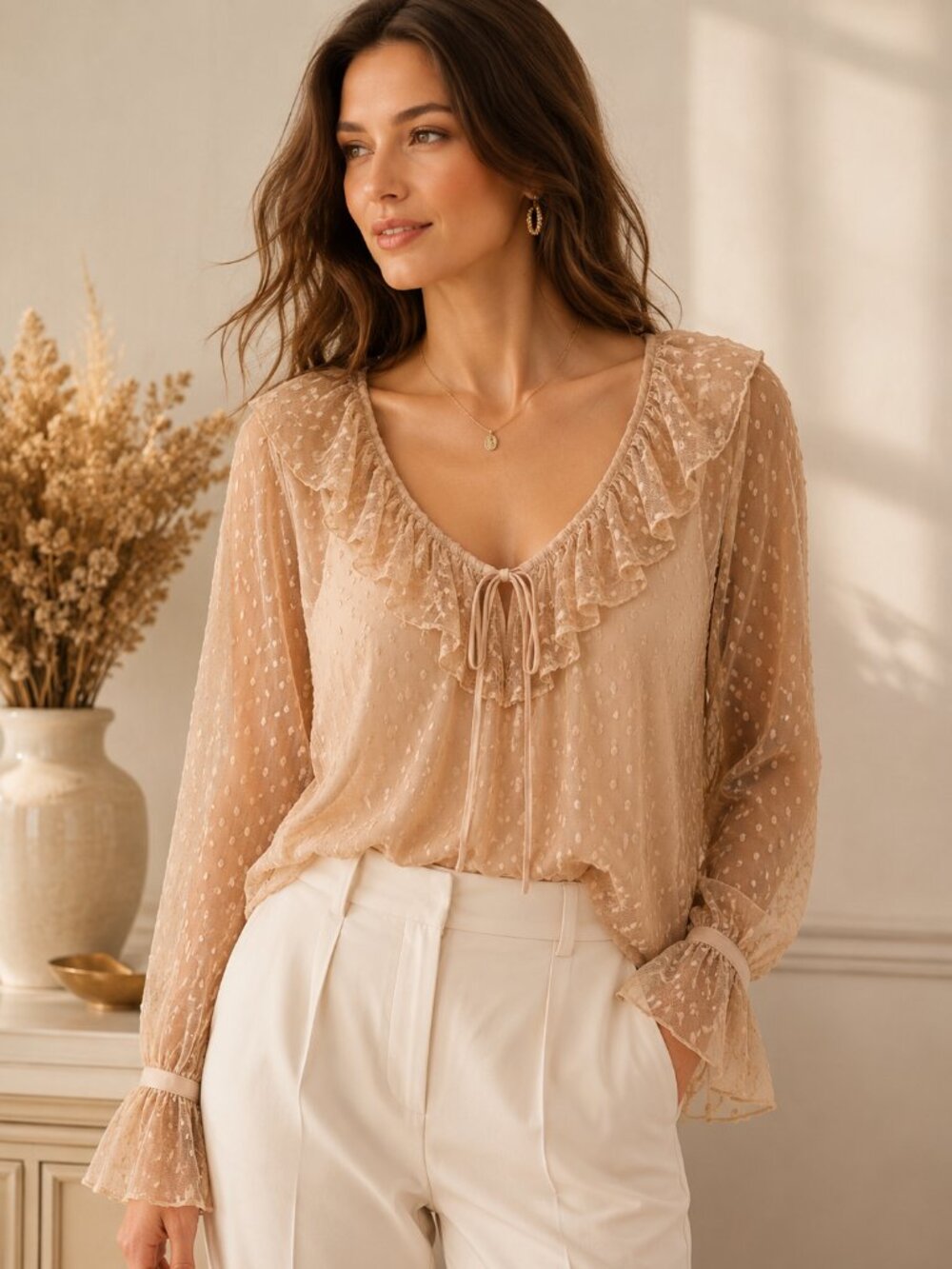J. Crew Swiss Dot Ruffle Blouse Tan Beige Romantic Top Cami BD756 S